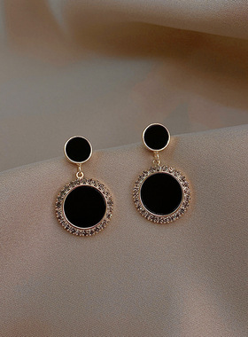 925银针黑色圆片锆石耳环 韩国气质网红耳钉女小众耳环港风耳饰