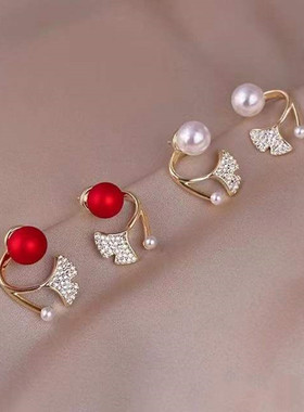 925银针珍珠耳钉前后时尚耳环 气质优雅温柔大气复古赫本风红耳饰