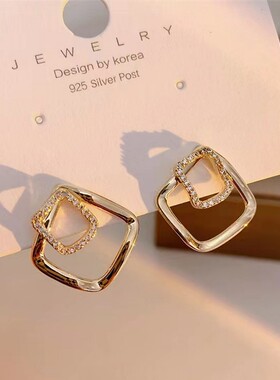 S925银针韩式不规则几何耳环圆圈镶钻潮流街拍网红气质简约耳饰品