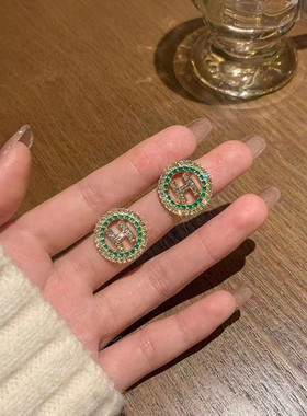 韩版ins简约绿色麻花边H字母S925银针个性百搭气质小众设计感耳饰