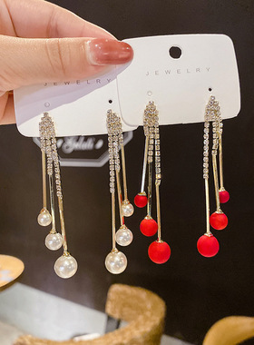 s925银针红色珍珠流苏耳坠韩国网红耳饰女2020新款潮长款气质耳环