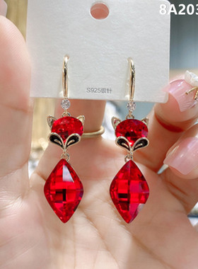 红色耳环女长款气质水晶小狐狸时尚个性耳坠耳钩网红新款耳饰品潮