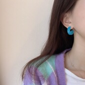 925银针治愈系湖蓝色chic耳环韩国气质网红设计感简约C形耳钉