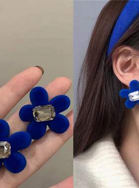 s925银针克莱因蓝色系耳环时尚复古小众花朵圆圈耳坠个性气质耳饰