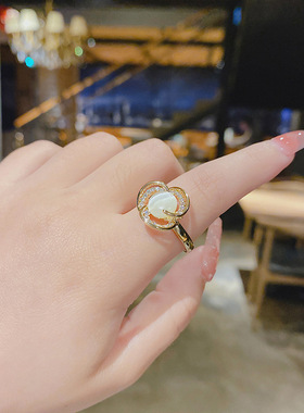 真金电镀铜镶锆石夸张戒子轻奢ins冷淡风h可调节猫眼石气质指环女
