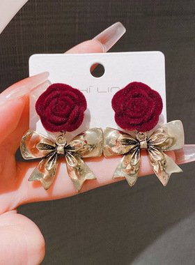 新年红色系植绒耳环玫瑰花蝴蝶结耳钉复古气质百搭精致甜美耳饰品