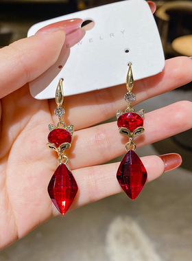 红色耳环女长款气质水晶小狐狸时尚个性耳坠耳钩网红新品耳饰品潮
