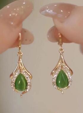 日韩新款潮绿色猫眼石天使眼泪耳扣轻奢气质水滴耳坠高级感耳饰女