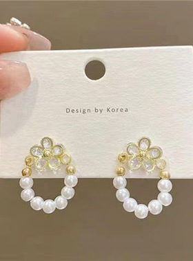 S925银针法式设计感耳钉花朵淡水珍珠耳环女气质甜美夏天轻奢耳饰