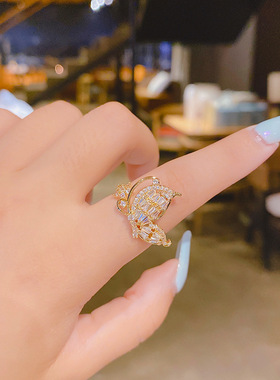 铜镶锆石真金电镀开口蝴蝶戒指女时尚小巧韩国食指戒子指环