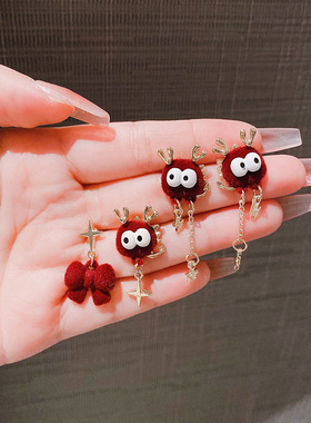 新年喜庆红色耳环小众设计不对称植绒耳钉时尚气质个性百搭耳饰品