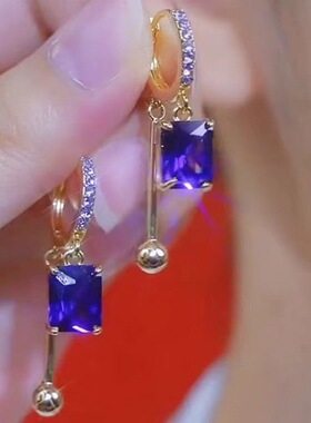 轻奢高级感紫色方形水晶耳环女小众设计微镶满钻耳扣气质百搭耳饰