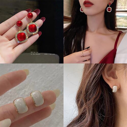 2022新品潮轻奢方形水钻耳环气质百搭耳钉简约时尚设计感耳饰品女