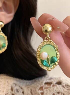 法式轻奢复古绿色油画古风花朵耳钉珍珠耳环女巴洛克宫廷风潮耳饰