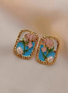 法式复古轻奢绿色油画古风花朵耳钉时尚简约耳环巴洛克珍珠耳饰品