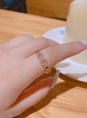 真金电镀铜镶锆石ins潮饰品女小众设计轻奢感冷淡风开口戒指