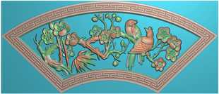 梅花扇形花鸟精雕图浮雕图 扇形精雕图 锦上添花石雕灰度图浮雕图