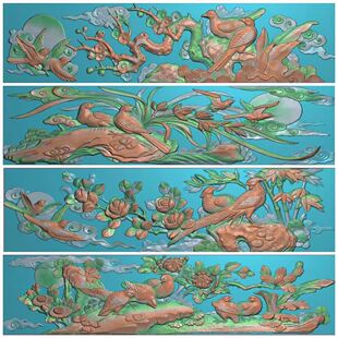 梅兰竹菊扫描图精雕图 花鸟古建寺庙横板花板横排电脑雕