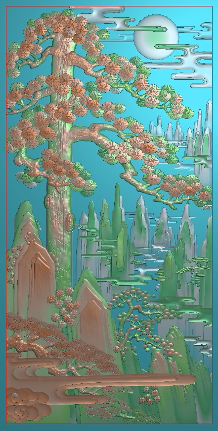 精品迎客松图 精雕图 迎客松壁挂屏竖 古建图 浮雕图 电脑石雕图