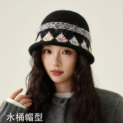 小众设计保暖渔夫盆帽女民族风冬天套头帽大头围毛线帽