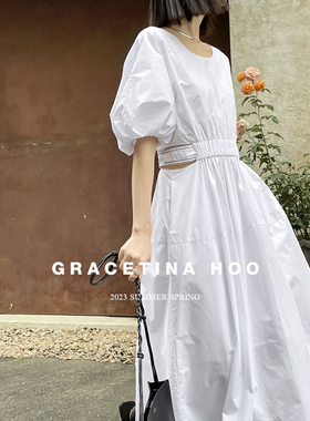 GRACETINA HOO原创设计感镂空露腰泡泡袖连衣裙女夏季新款裙子