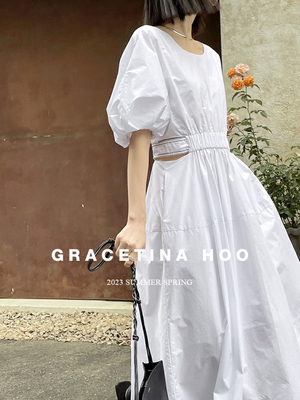 GRACETINA HOO原创设计感镂空露腰泡泡袖连衣裙女夏季新款裙子