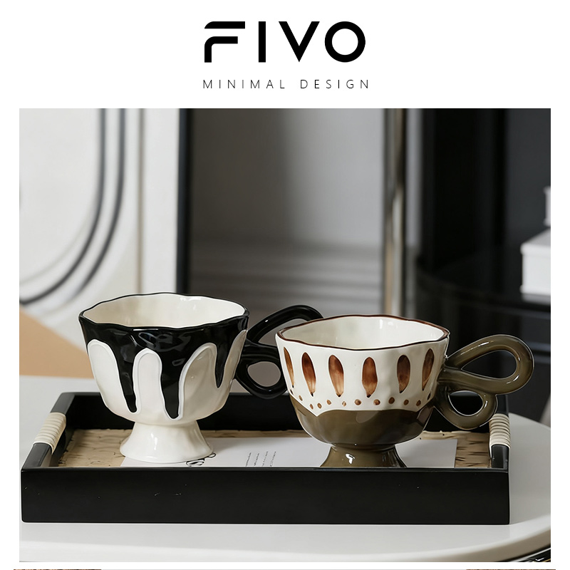 FIVO蝴蝶手柄手捏陶瓷手绘高脚杯马克杯高级感小众水杯大容量杯子