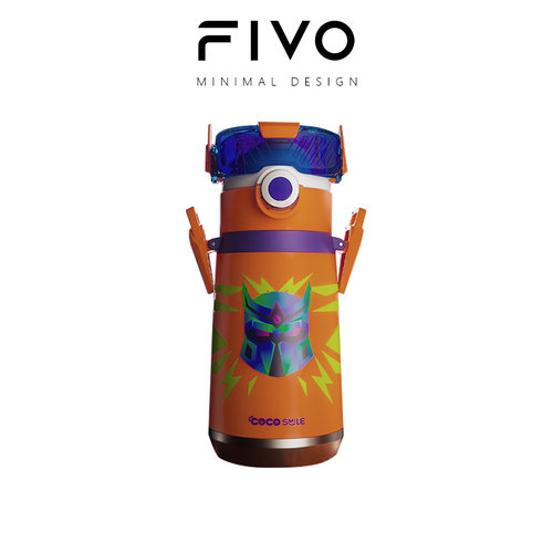 FIVO太空机甲保温杯儿童直饮吸管保温便携背带水杯学生吸管水壶