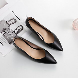 春款3厘米cm高跟鞋女真皮尖头两穿细跟舒适浅口粗跟女工作鞋大码