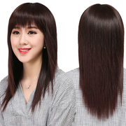 Wig female long hair full head cover long straight hair mid-length realistic lady real hair full real hair bangs hair set natural