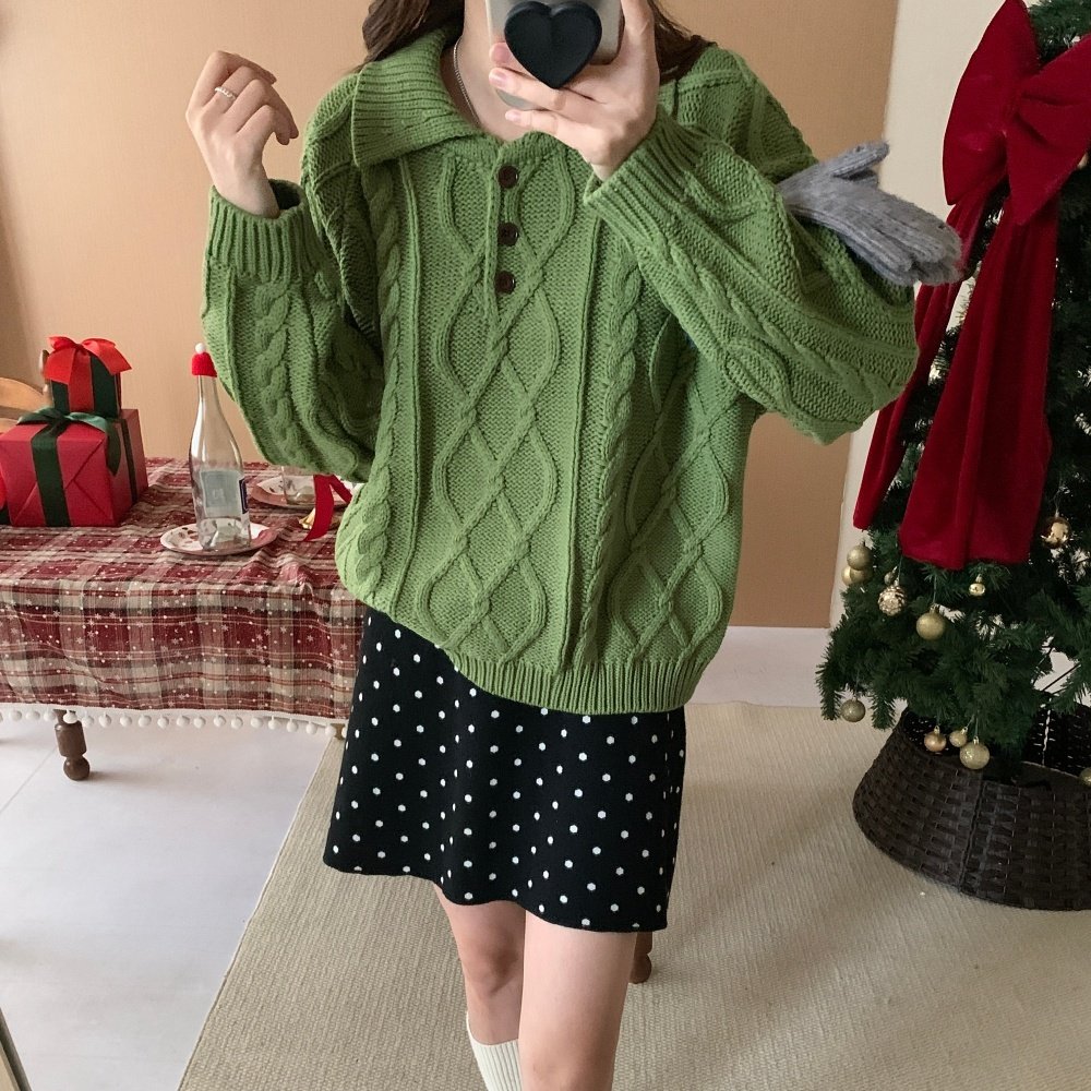 花路人 春翻领Polo针织衫不易起球内搭宽松慵懒粗针麻花毛衣外穿