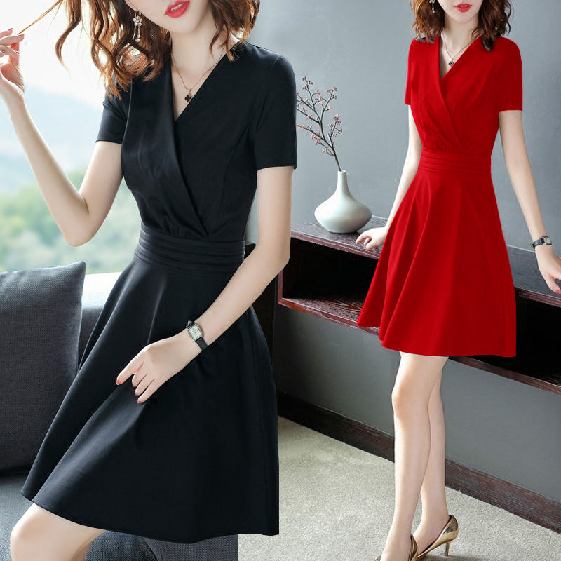 2021 black dress small black skirt 2020 new women's summer dress V-neck short sleeve medium length slim dress