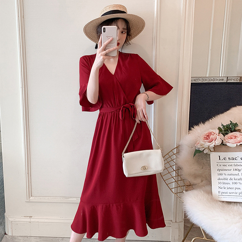 Large size women's summer new dress super fairy fat sister mm trumpet sleeve foreign style fairy waist slim skirt