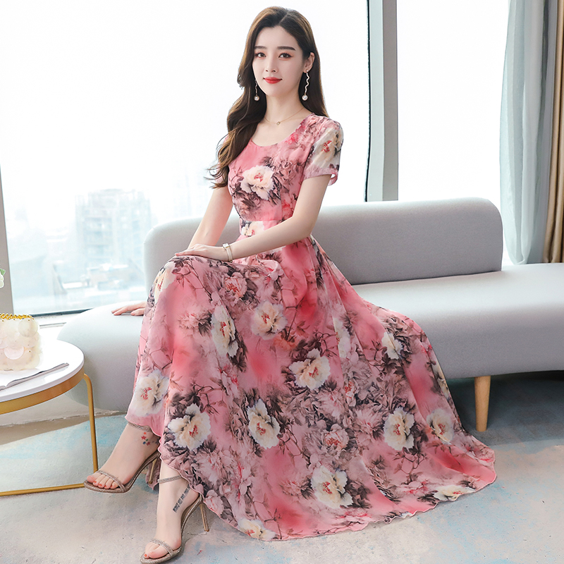 2021 spring and summer V-neck new fashion Korean ice silk print dress waist slim over knee super long skirt
