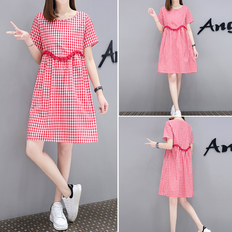 2021 summer new mid long Plaid baby dress large size loose show thin and fresh A-line dress