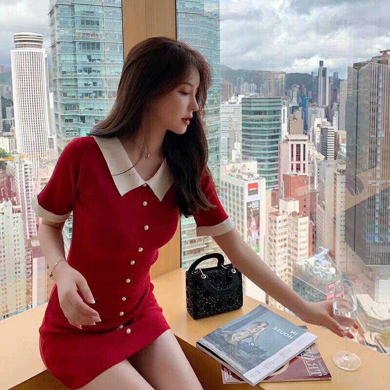 2021 new baby collar short sleeve skirt retro slim medium length ice silk knitted loose dress for women