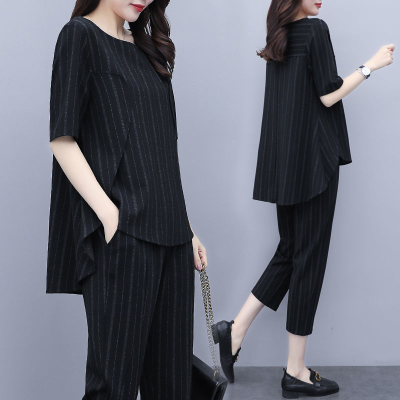 2021 summer new women's wear Korean fashion loose and thin suit women's stripe short sleeve large casual two piece set