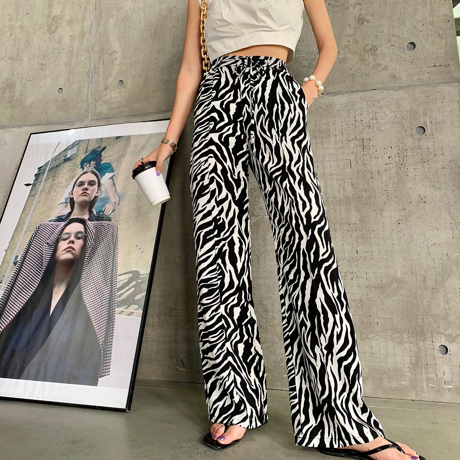 Wide leg pants women's high waist loose thin straight tube zebra pattern Hong Kong Style super fire draping pants summer new