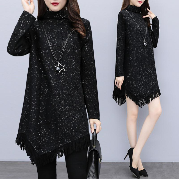 Fat sister loose cover belly irregular fringe A-line dress large size sweater skirt medium length