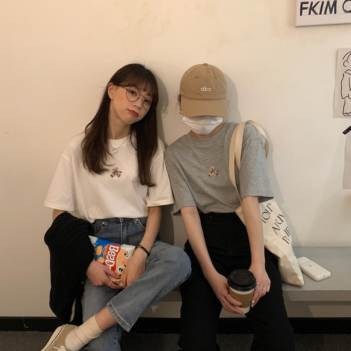 官圖棉可愛刺繡小熊圓領寬鬆短袖T恤女網紅