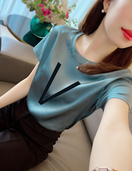 Summer new simple letter printing round neck short sleeve vertical silky simulation silk T-shirt blouse