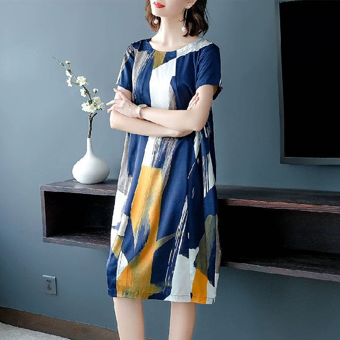 Imitation ice silk 2021 summer new Korean round neck print medium length dress short sleeve women's fashion