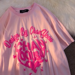 Real shot cotton short sleeve t-shirt female fashion student loose Korean love letter printed half sleeve top