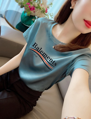 Summer silk round neck fashion printed letter short sleeve t-shirt female student loose top fashion