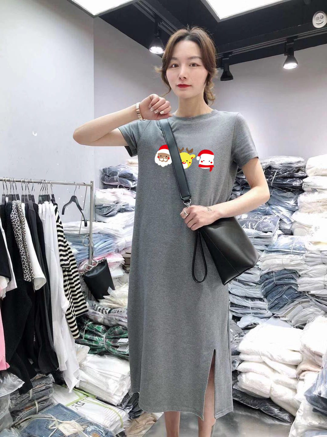 Summer short sleeve dress women's fashion casual belly covering large medium length over knee T-shirt skirt
