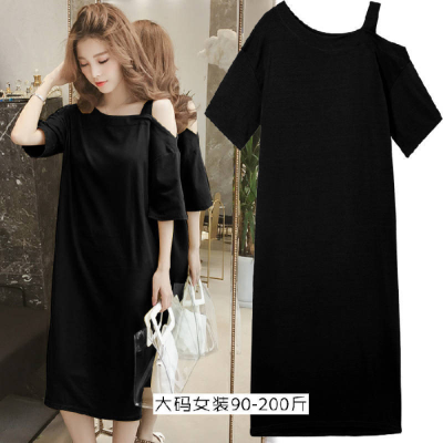 Large women's off shoulder dress women's spring and summer Korean medium length T-shirt women's 200 kg skirt loose over the knee long skirt