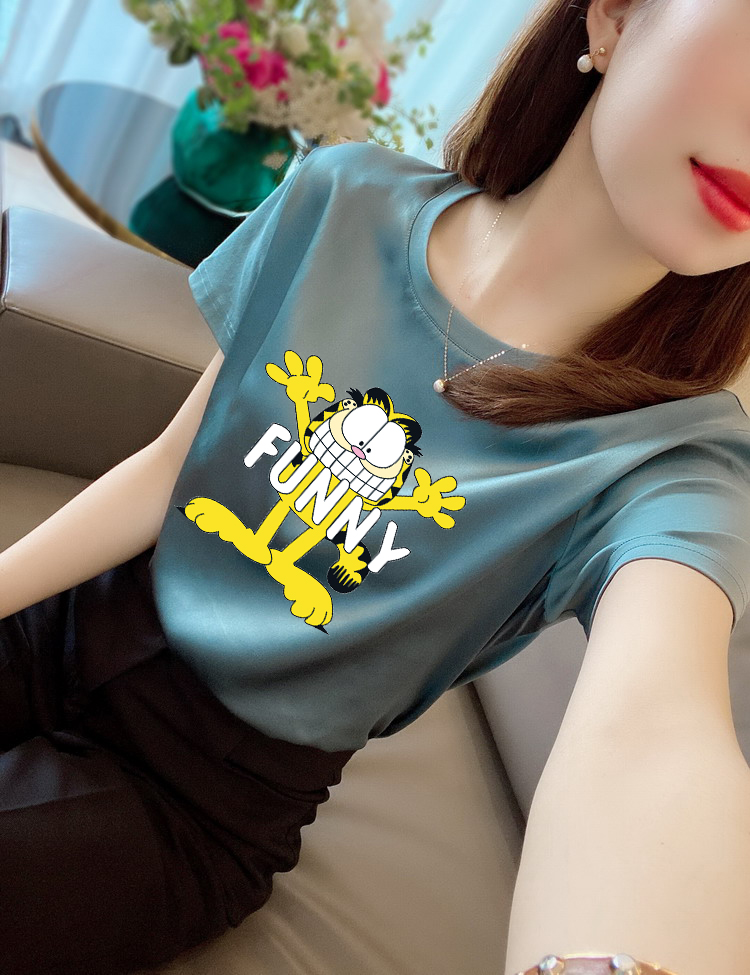 Silk printed cat short sleeve T-shirt women's new summer fashion T-shirt half sleeve top