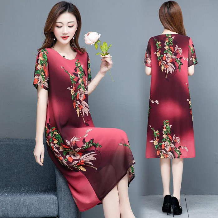 Cool ice silk dress mother's dress spring and summer 2021 round neck printing fashion versatile short sleeve medium length dress women's fashion