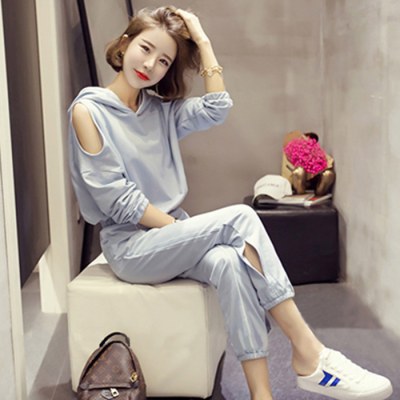Early spring new Korean off shoulder hooded top set for women's fashion loose student leisure two piece set