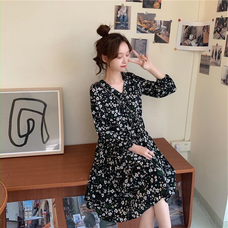 Spring and autumn new French retro Korean East Gate small foreign style high waist slim long sleeve Floral Dress